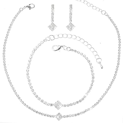 Lusofie Schmuck Set Für Damen Mit Strass Halskette Ohrringen Und Armband Silber Elegante Kristall Brautschmuck Set Hochzeits Allergenfrei Modeschmuck Für Bräute Brautjungfern Mädchen