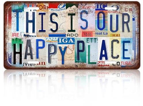 Vintage License Plate Wall Decor THIS IS OUR HAPPY PLACE Colorful Text Metal Tin Signs Metal Sign Funny Wall Art Painting For Bar Home 15 x 30 cm