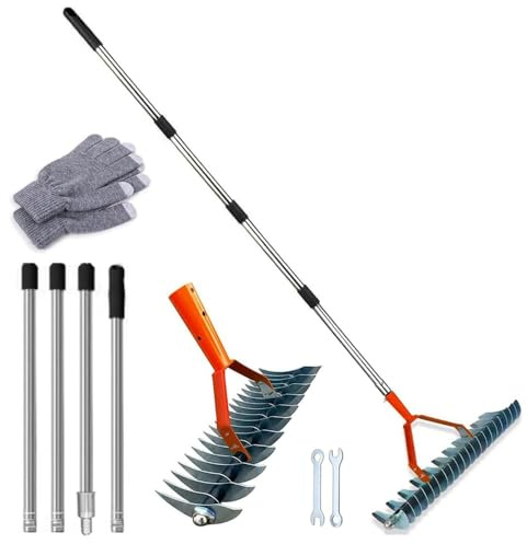 Scarificateur avec manche de 170 cm, scarificateur manuel d'herbe morte, râteau de coupe de jardin, râteau de scarification, râteau de sol pour nettoyer le jardin, la cour, la pelouse