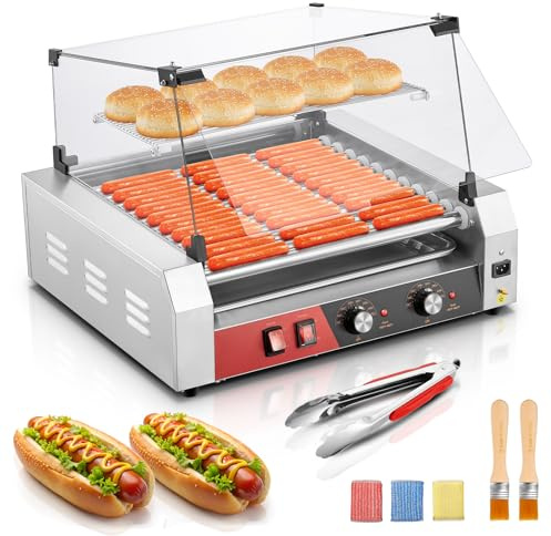 FOHERE Hot Dog Roller 11 Rollers 30 Hot Dogs Capacity, 1650W Stainless Steel Hot Dog Machine with Bun Warmer Shelf, Dual Temp Control, Glass Cover, Removable Tray for Commercial and Party