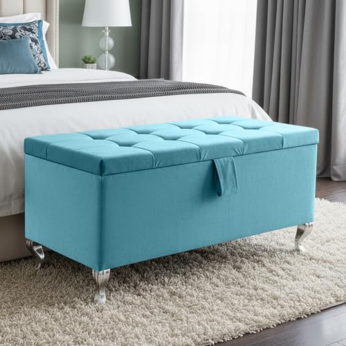 Aiza Small Cube Ottoman Storage Box Plush Velvet Bench, Teal, Legs | Lift-up compartment, engineered wood frame and padded seat; suitable for bedroom, lounge, hallway or end-of-bed use.