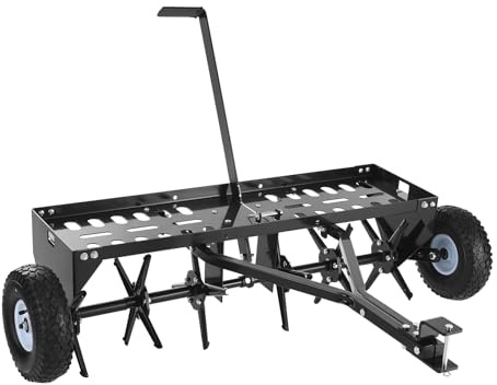 VEVOR Tow Behind Plug Aerator, 40 in Lawn Core Aerator Tool Universal Hitch, 120lbs Weight Capacity, Heavy Duty & Rust-Resistant, Pull Behind Spike Aerators with Tray for Farmland & Garden Tractors