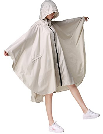 Womens Rain Poncho Stylish Polyester Waterproof Raincoat Free Size with Hood Zipper (White Beige)