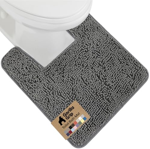 GORILLA GRIP Plush Absorbent Shaggy Chenille Bath Rug Mat for Square Toilet Base with Rubber Backing, Machine Washable Rugs, Soft Microfiber Contour Mats for Toilets, Bathroom Decor, Grey