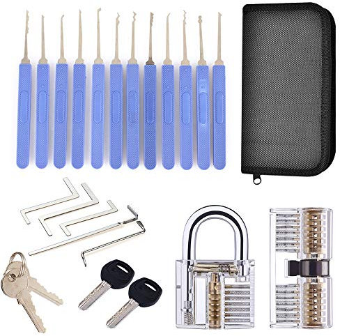 Loboo Idea Juego de 17 ganzúas con 2 unidades de candados transparentes de entrenamiento y tarjeta de crédito Kit de herramientas de recogida + guía para cerrajeros principiantes y profesionales
