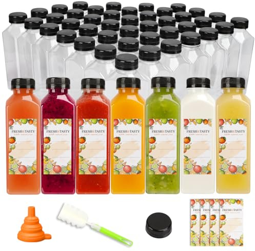 TOMNK 100 PACK 16 OZ Plastic Juice Bottles with Caps, Sticker Labels, Brush