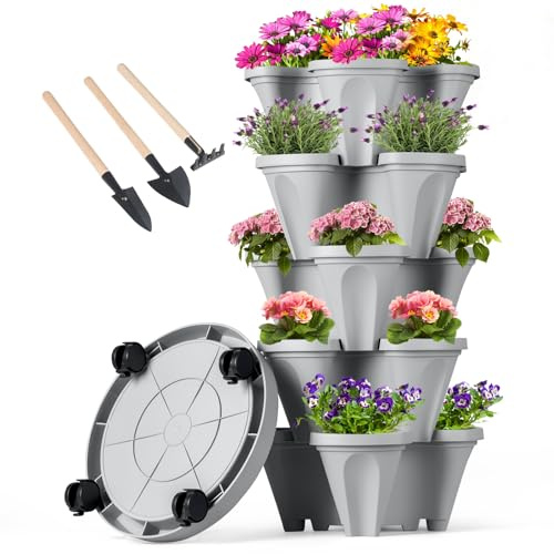 Vertical Planter 5 Tier Stackable Planters Garden Planters Strawberry Herb Flower and Vegetable Planter Indoor Outdoor Gardening Pots with Removable Wheels and Tools