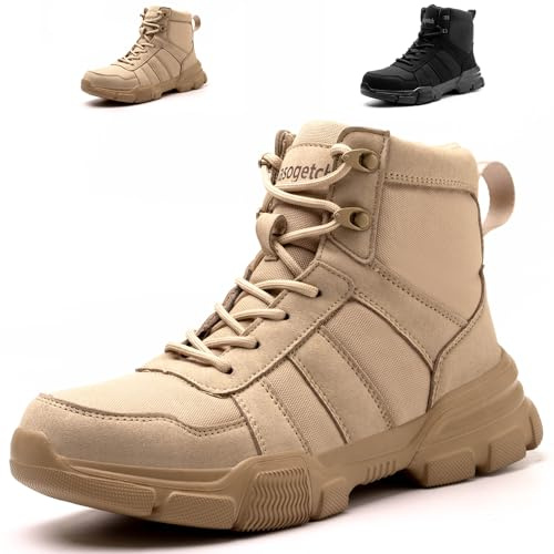 Nasogetch Chaussures de Sécurité Homme Femme Montante Légère Bottines de Sécurité Embout Acier Protection Bottines de Travail Khaki 37 EU 235