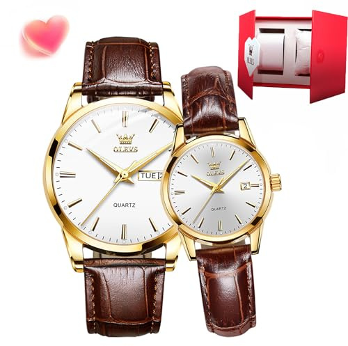 OLEVS Couple Pair Quartz Watches Luminous Calendar Date Window 3ATM Waterproof, Casual Skin Belt His and Hers Wristwatch for Men Women Lovers Wedding Romantic Gifts