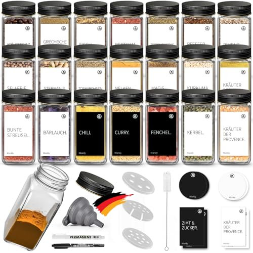 Miorkly 24 Gewürzgläser Eckig,120ML Gewürzdosen Set mit Streueinsatz,Gewürzstreuer mit Schwarz Deckel-Starke Versiegelung,Edelstahl-Glas Gewürz Organizer inklusive Trichter, Etikett und Stift