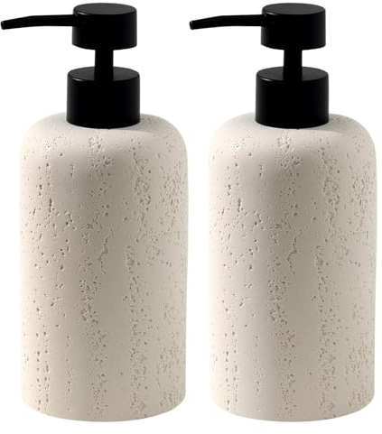 Haocoott Soap Dispensers 400mL 13.5 OZ, 2 PCS Luxurious Hand Dish Lotion Shampoo Soap Dispenser Jar, Travertine Soap Pump Bottles for Kitchen Bathroom Countertop (Cream)