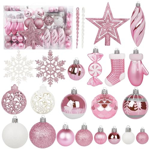 Miaikoe 135 pièces Boule de Noël Ornements Ensemble, Boule de Noël pré - attaché en Plastique incassable Arbre de Noël Pendentif Ornements Fête de Noël décoration de Vacances (Rose)