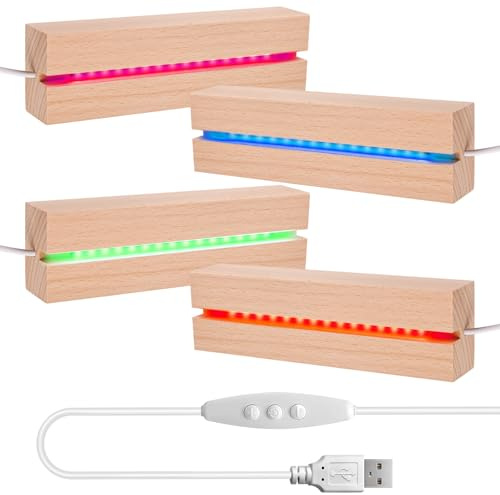 LED-Trä Med 4 USB-Ljusuttag, 7 Färger Rektangulärt Stativ, Lampsockel Ornament, Bas för Akrylglas, Glasblock, Kristaller