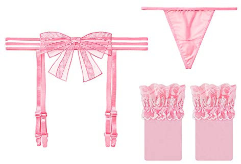 GIVTULIP Strumpfhalter Set 3-Teilig Damen Spitzen Strumpfhaltergürtel Set mit 4 Strumpfbändern Strapsstrümpfe + G-string Verstellbarer Dessous Sexy Garter Belt Schwarz/Weiß/Rot/Rosa