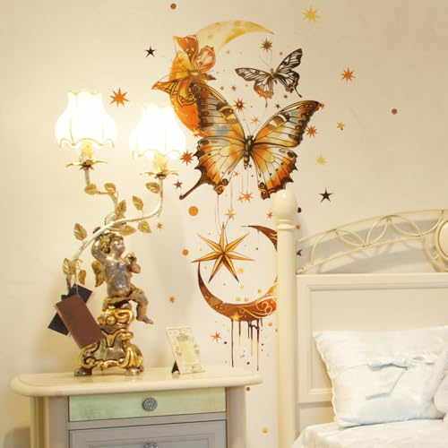Fufuquare Pegatinas de Pared de Mariposas Doradas Luna y Estrella Vinilos para Pared Impermeables Eliminables para Dormitorios Salones y Baños