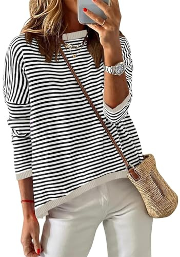 Cuptacc Jersey para Mujer A Rayas Sudadera Mujer Manga Larga Cuello Redondo AlgodóN Tops AlgodóN Casual Punto Jersey Mujer, Beigerrot