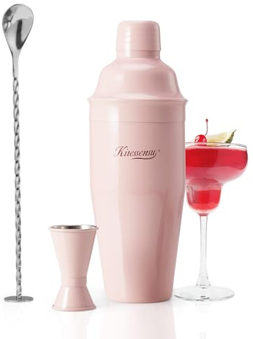 KITESSENSU Cocktail Shaker Set, Stainless Steel Martini Shaker with Bartender Strainer, Measuring Jigger, Bar Mixing Spoon, Cocktail Recipe Included, Pink