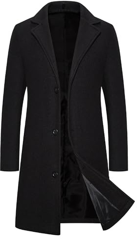 Lång höst vinter trenchcoat hakad krage överrock klassisk enkelknäppt business casual ytterrock, Svart, 3XL