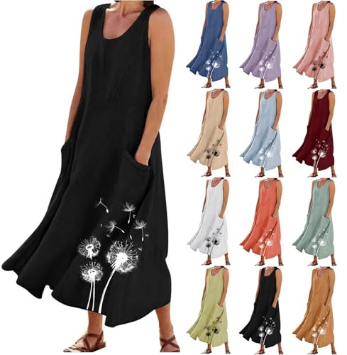 Cotton Linen Dress Maxi Kaftan Dresses for Women UK Elegant Sleeveless Casual Summer Dresses Plus Size Baggy Boho Sundress Floral Print Basic Tunic Dress Beach Holiday Boho Sundress with Pockets