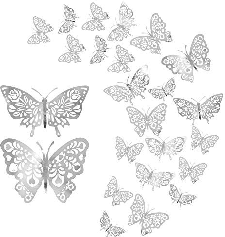 24 Stücke Schmetterling Wandaufkleber,CattleyaHQ Mixed 3D Schmetterlinge Wandtattoos,Lebhaft Blitz Wandaufkleber für Zuhause, Schlafzimmer, Babyzimmer Dekoration (Silber)