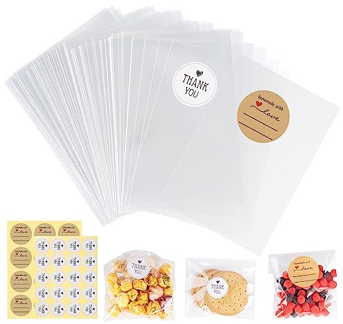 Sweelov 200 st cellofanpåsar klara 12 x 17 cm godis påsar transparent med 400 klistermärken för bröllop födelsedag jul fest godis presentpåsar