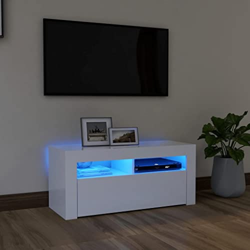 FIRBNUS Meuble TV avec Lumières LED Blanc 90x35x40 cm Aggloméré Armoire Média Salon Amplement d’Espace pour Garder et Organiser Lecteur DVD Console de Jeu Appareil de Streaming