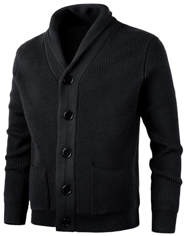 KTWOLEN Homme Cardigan à Manches Longues et Col Châle Épais Hiver Cardigans Gilet Veste Tricoté Chaud avec Poches, Noir, XXL