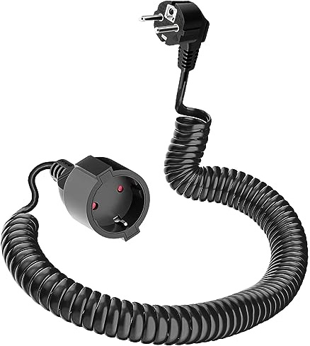 Schutzkontakt Verlängerung, Spiralverlängerung dehnbar von 0,58 m bis 2 m Max, IP20 Verlängerungskabel, Verlängerung(230V/16 A), Spiral-Kabel mit Schuko Stecker & Kupplung, Schwarz