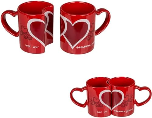 Avilia Set 2 Tazze per Coppie con Decorazione Cuori - Tazze da Coppia ad Incastro, Ideali per Colazione, in Ceramica, 357ml, Rosso Intenso, Regalo Romantico