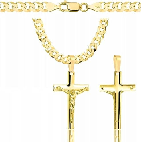 Amor Luxury Goldkette mit Kreuz 585 - Herren Panzerung Kette 925/585 Massiv - 5 mm, 70 cm