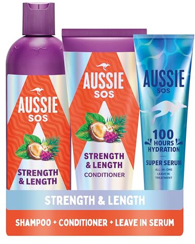Aussie Strength & Length Shampoo, Conditioner & Super Serum Leave in Treatment Set (pack of 3). Hydrate & Strengthen Long, Dry, Damaged Hair. Smooth, Soften, Detangle, Prevent Split Ends & Boost Shine
