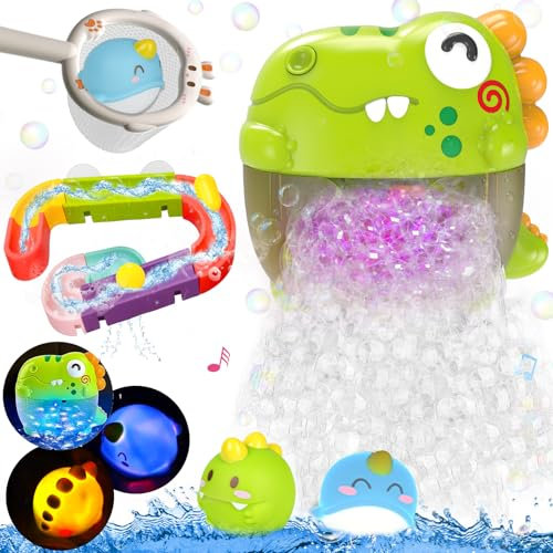 3 in 1 Baby Bath Toy Dinosaur Bubble Machine with Light Balls Track Game Shower Bathtub Water Slide Toys, Fishing Game Mold Free Bath Toys for 1 2 3 Years Old