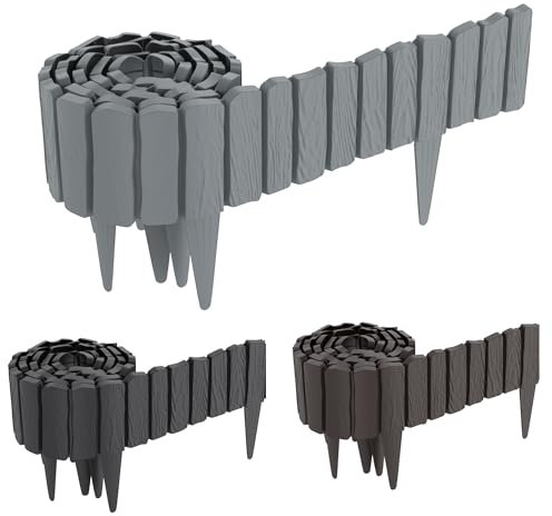 FIVMEN Rasenkante Kunststoff 4,6 m Holzoptik Beeteinfassung Beetumrandung mit 10 cm Stifte Holzmaserung imitiert Mähkante Palisade Gartenzaun für Garten, Grau