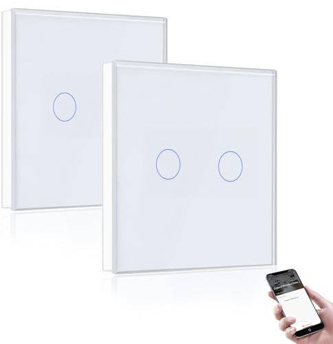 BSEED Smart ZigBee ljusströmbrytare, intelligent väggströmbrytare, kompatibel med Alexa och Google Home, 2-vägs infälld strömbrytare med kristallglaspanel 250 V vit (hub krävs) 2 stycken