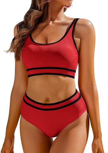 AI'MAGE Badeanzug Damen Sport Bauchweg Bikini Set High Waist Bikini-Sets Bademode Push Up Sportlich, Rot S