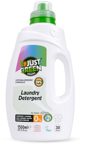 JUST GREEN ORGANIC Liquid Laundry Detergent for Colors, Plant-Based Laundry Soap, Non-Toxic, Hypoallergenic, EcoCert Certified, Vegan, Color Protection Formula, 30 Washes, 50.7 fl oz (1500 ml)
