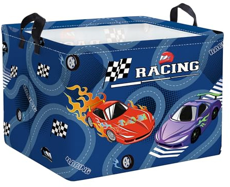 HUUMONSS Grande Cesta Porta Biancheria Bambini Auto da Corsa Pieghevole Cestini Portaoggetti Giocattoli Vestiti per Bagno Cameretta, Blu, 36L