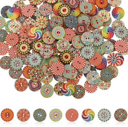 Ouligay Lot de 200 boutons en bois multicolores - Ronds - À coudre - Rétro - En résine - Boutons en bois - 20 mm - Pour couture, bricolage, décoration, bricolage