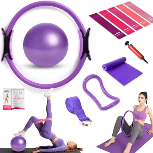 HELISAN Pilates Ring Equipment Set, Home Pilates Kit for Women with 15’’ Magic Ring with Dual Padded Handles, 25cm Yoga Ball, 5 Resistance Bands & Complete Fitness Guide, Pilates Essential Kit -Purple