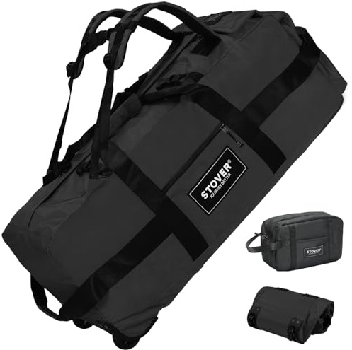 STOVER 45/80/100L Rolling Duffel Bag with Wheels, Large Durable Travel Duffle + Toiletry Bag, Heavy Duty, Packable with Shoulder Straps- Use as Luggage or Backpack, Men/Women (Black)