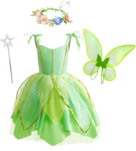 Lito Angels Deguisement Costume Fée Fille, Robe de Fee Verte avec Ailes pour Enfant Fille