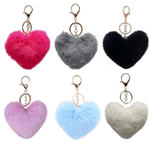 DOKRIN Portachiavi ad anello e catena da donna，Set da 6 pezzi di portachiavi a forma di cuore, morbidi portachiavi in ​​pelliccia sintetica e accessori per zaini per donne e ragazze