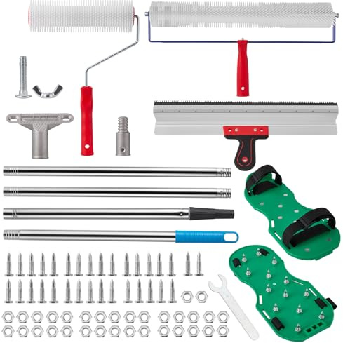 Self-Levelling Cement Tool Kit, Including Spiked Screeding Compound Roller, Roller Brush, Spiked Shoes, Stainless Steel Scraper Self-Leveling Rake for Self Leveling Cement