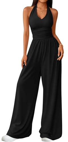 ZESICA Women's Summer 2026 Sleeveless Halter Neck Jumpsuits One Piece Wide Leg Jumper Rompers Beach Vacation Outfits Black Medium
