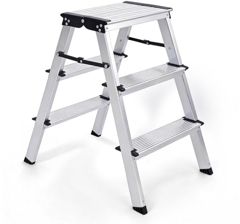 Sekey Trittleiter 3 Stufen Beidseitig Begehbar, Klappbare Stehleiter aus Aluminium mit rutschfeste Stufen, für Haushalt & Zuhause, TÜV & SGS, EN131/14183, bis 150 kg Belastbar
