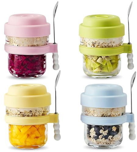 4 Pack Overnight Oats Jar - Overnight Oats Container with Lids and Spoons, 15oz/440ml Glass Breakfast Pots, Meal Prep Jar Yogurt Pot Porridge Container to Go for Oat, Pudding, Milk, Cereal Fruit Salad