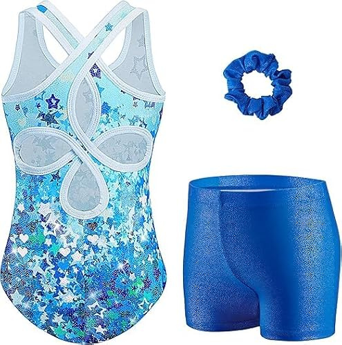 Arshiner Justaucorps de Gymnastique Fille, Ensemble 3 Pièces avec Short et Chouchou, Sans Manches avec Dos Ajouré Croisé et Détails Scintillants, Tenue de Danse Ballet pour Enfant 3-11 Ans