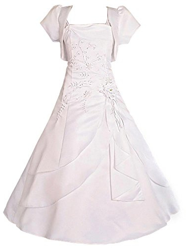 Lito Angels Flickklänning med pärlor i satin, vit med björnvardsgång, bröllopsfest, blomma, flicka, brudtärna, formellt tillfällig balklänning, ålder 2–12 år, Vitt, 7-8 År