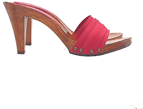 Holzeffeckt Clogs mit doppeltem rotem Band hoher Absatz 9 cm - K6101 AMARANTA (41 EU, ROT)