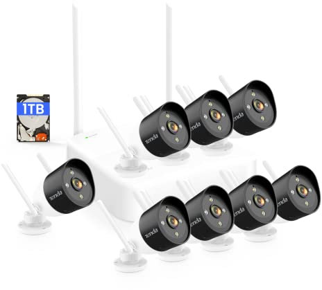 Tenda Kit Caméra de Surveillance WiFi Extérieure, 8X Caméra IP et 8CH NVR (qu'à 10 to) avec 1 to HDD, Détection de Perosnne/Mouvement, Vision Nocturne en Couleur, H.265, Accès à Distance, K8W-3TC-1T